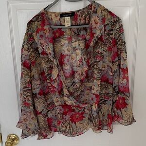Jones New York Floral Chiffon 100% silk Blouse - Red and Brown